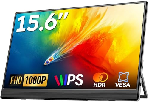 Omiodo Bärbar Monitor 15,6'' FHD 1080P IPS – Ultratunt Eye-Care-skärm med stativ, VESA-fästen och högtalare, HDMI/USB-C, kompatibel med bärbara datorer/datorer/Macs/Xbox/PS4/5/Switch