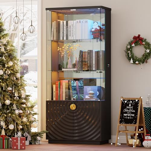 180CM RGB Glass Display Cabinets with Human Sensor for Living Room,Black | Curio Cabinet with Lights,Standing display case with Lockable Glass Door for Collectibles,Curio,Wine,Models,Bedroom