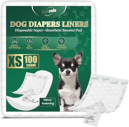 IMMCUTE Dog Diaper Liners, 100 Count XS Extra Small, Ultra Absorbent Booster Pads with Hook & Loop, Non-Slip Disposable Pads for Male Dog Wraps, Female Dogs in Heat, Ideal for Tiny Breeds