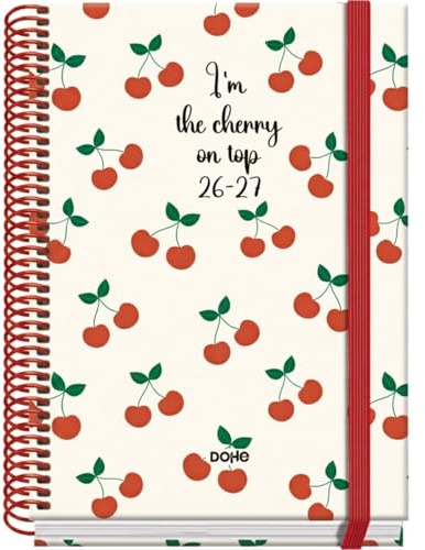 Dohe - Agenda Escolar 2026 2027 - Septiembre a Junio, Día Página, A5 (15x21 cm), Tapa Dura, Cierre de Espiral y Goma Elástica, 2 Páginas de Pegatinas, Español e Inglés - Cerezas