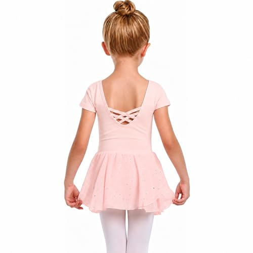 SolyLuby Girls Ballet Dress Short Sleeve Crisscross Ballet Outfit Pink