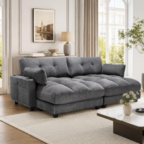 KOMHTOM Canapé 3 Places en Velours Côtelé, Canapé Modulable (Gris, AA) | Divisible en 2 Fauteuils Individuels avec 2 Coussins，4 Porte-Boissons, 4 Poches Latérales et Prises USB