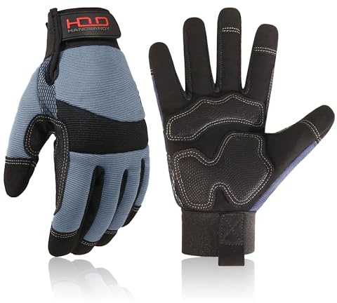 HANDLANDY Gants de travail de sécurité anti-vibrations pour homme et femme, dos en élasthanne flexible et respirant, gants utilitaires pour écran tactile (taille M, gris)