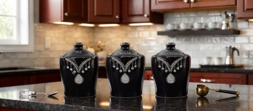 Biznest Tea Sugar Coffee Canister Jar Storage Set Of 3 With Sparkling Crystal Diamante Elements (Black)