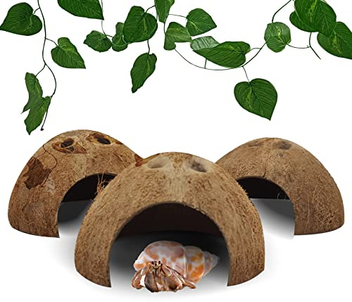 Hamiledyi Reptile Hideouts Natural Coconut Shells Hut Hermit Crab Climbing Toys Gecko Hide Cave Lizard Habitat Decor Plant Leaves Decoration for Spider Snake Chameleon (4Pcs)