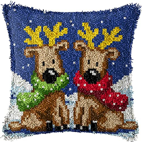 ZUHK Christmas Latch Hook Kits ​with Christmas Pattern Printed Canvas Crochet Gift Cross Stitch Sofa Cushion Cover Tool fit for Beginner and Adults,43x43 cm (Elk B)