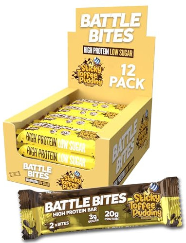 Battle Bites - High Protein Bars 12 x 62g - Sticky Toffee Pudding Flavour - Low in Sugar, High in Fibre, Free from Preservatives, Non-GMO - 20g protein, 7.4g fibre + 251 calories per bar - Made in UK
