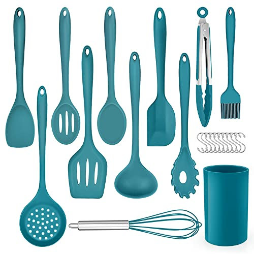 Herogo Set di utensili da cucina in silicone, 22 pezzi, con porta utensili, resistenti al calore, utensili da cucina, sani e antiaderenti, lavabili in lavastoviglie, blu