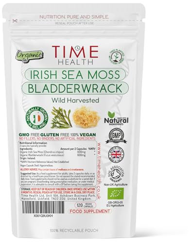 Organic Irish Sea Moss & Bladderwrack - 120 Capsules - Wild Harvested & Sun-Dried - Grown in Ireland - Pristine Atlantic Waters - 92 Essential Nutrients - Dr. Sebi - UK Made - GMP - No Additives