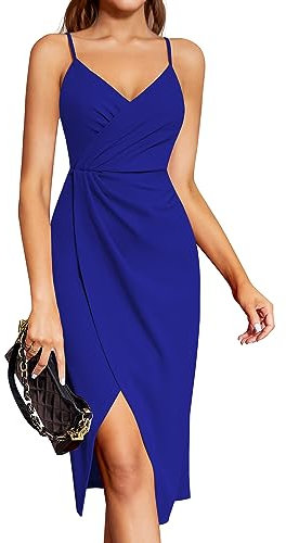 Laughido Robe de Cocktail pour Femme, Robe de soirée, Robe midi, élégante, Festive, Moulante, Mariage, sans Manches, Bretelles Spaghetti, Bleu Roi, L