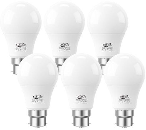 LOEODO Bayonet Light Bulbs 60W Equvialent, 9W 806 Lumens LED Bulb, Warm White 2700K, B22 Energy Saving Lightbulbs, Non-dimmable, Pack of 6