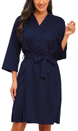Lovasy Bademantel Damen Waffelpique 3/4 Ärmel Saunamantel Waffelstrick Morgenmantel Weich Leicht Knielang Loungewear mit Gürtel Taschen,Marineblau,L
