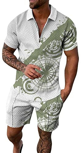 Herrenanzüge, kurzärmeliges Freizeithemd und Shorts, Sets mit zwei Sommer-Outfits, Reißverschluss-Trainingsanzug-Set, Herren-Laufanzug, Jogginganzug, grün, L