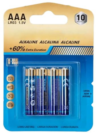 Batteria alcalina AAA LR03 da 1,5 V, confezione da 4 pezzi, ideale per dispositivi elettronici e giocattoli.