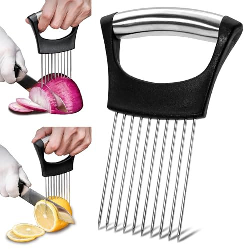 Brelet Lot de 2 Coupe Oignon Eminceur Tomate Concombre Citron Légumes Coupe Oignons Manuel en Acier Inoxydable 2024 Support à Oignons Amélioré pour Trancher Gadget Cuisine Accessoires