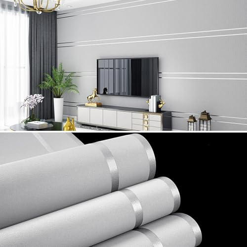 0,53 m x 9,5 m fibertapet, 3D-ränder mönster lätt glänsande, moderna minimalistiska tapeter med präglad texturerad vattentät tapet för vardagsrum, matsal, TV-bakgrund (silvergrå)