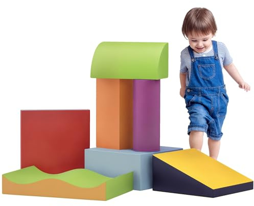 HOMCOM 7PCS Modulo motricità Bébé Parcours motricité Bébé Blocchi da Costruzione in Schiuma EPE con Copertura in Poliuretano - Giocattoli educativi per Bambini in età prescolare, Multicolore