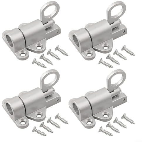 Oniissy Paquete de 4 pestillos de puerta de aleación de aluminio con resorte de cierre automático para gabinetes con tornillos para puertas de madera, ventanas, gabinetes, marco plateado, negro