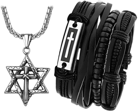 Oidea Juego de collar y pulsera de estrella de David, para hombre y mujer, de acero inoxidable, con colgante hexagonal de cruz vintage, multicapa, pulsera de cuero, pulseras de regalo de joyería de