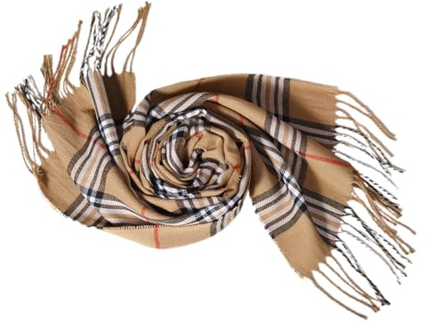 URCHUZE Classic British Style Winter Scarf, Beige Plaid Pattern, Soft Polyester Material, 190x35cm, Unisex Checkered Design with Fringe Tassels