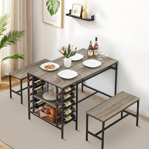 Juego de mesa de comedor de 4 piezas, juego de comedor con 2 bancos para 4 personas, juego de mesa de cocina con estante de almacenamiento, botellero y soporte para vasos, grupo de comedor que ahorra