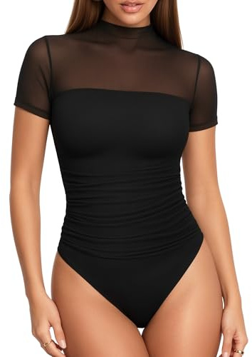 ALGALAROUND Women's Mock Turtle Neck Sheer Mesh Bodysuit Tops UK | Short Long Sleeve Thong Body Suit Ruched Sexy Going Out Summer Winter Trendy Shirts
