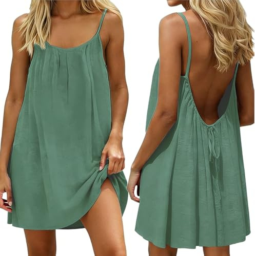 makabaky Robe d'Été Femme Dos Nu Caraco Courte Fluide Légère Bleu Clair | Ample,Manche courte,Tendance 2026,Confortable,Polyvalente,Décontractée,Quotidien,Loisir,Sortie,Mode,Plage,Vacances