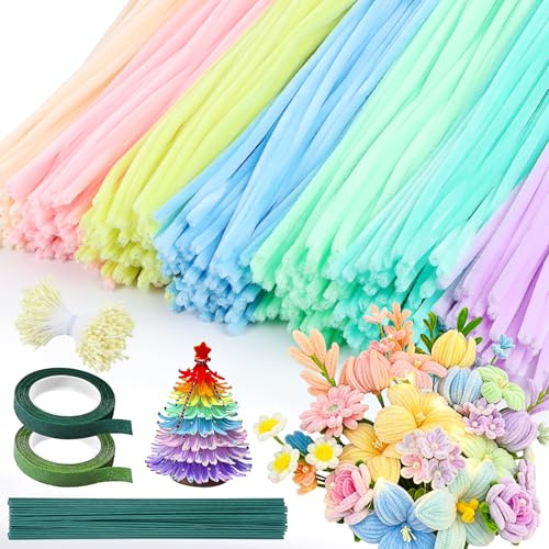 Pfeifenputzer för pyssel Blommor 500 st Pfeifenreiniger Blommor Macaron Färger Pfeifenreiniger för pyssel 7 Färger Pipe Cleaner Pfeifenputzer med Blomtråd Dammkärlen Limband för DIY Blomstra