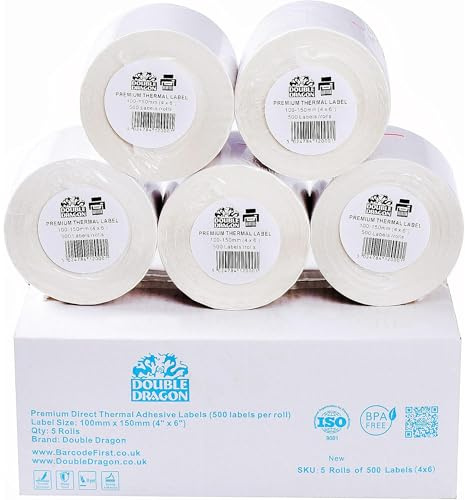 5 x rotoli (2.500 etichette) Premium Direct Etichette termiche, 100 mm x 150 mm, per Zebra, MUNBYN, Rollo, TSC, Toshiba, Citizen, Stampanti, LP2844, GK420D, GX420D, GK420T, ZD420, ZD220.