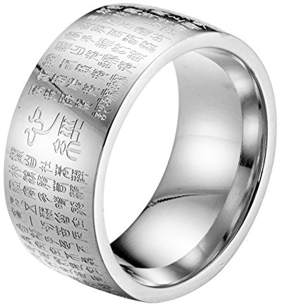 HIJONES Homme Bouddhiste Mantra Coeur Sutra 10mm Large Bague en Acier Inoxydable, Sceau Script Chinois Argent Taille 57