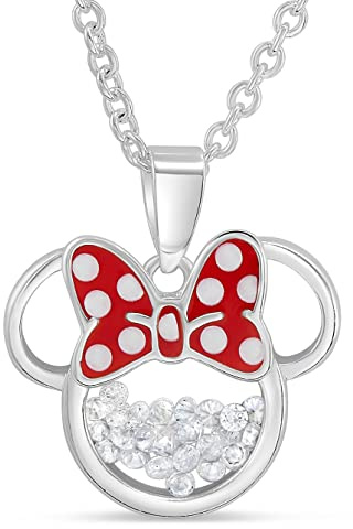 Disney Collar con colgante de Minnie Mouse chapado en plata con piedra natal para mujeres y niñas, 18 + extensor de 2 pulgadas, Medium, Cristal, Circonia cúbica