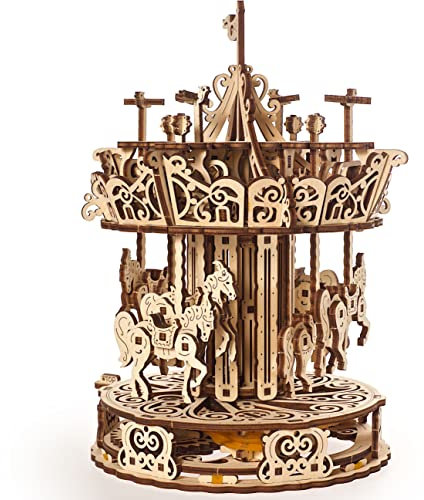 UGEARS Karussell 3D Puzzles für Erwachsene - Drehender Holzbaukasten - Einfache Selbstmontage - Mechanische 3D Puzzle Holzmodellbausätze für Erwachsene zum Bauen - Wunderschönes Geschenk