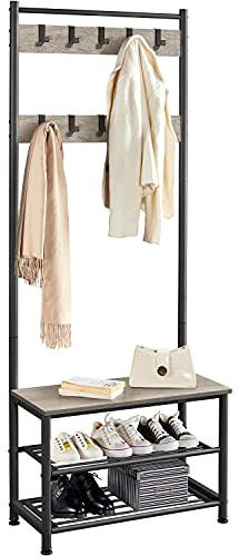 Yaheetech Coat Rack, Hall Tree with Shoe Bench, Entryway Shoe Storage with Coat Rack Stand, 9 Movable Hooks, Industrial Entryway Furniture, Gray