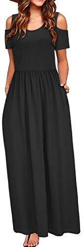 STYLEWORD Sommerkleid Damen Lang Maxikleid Sommer Schwarz Elegant Freizeitkleid Kurzarm Kleider mit Taschen