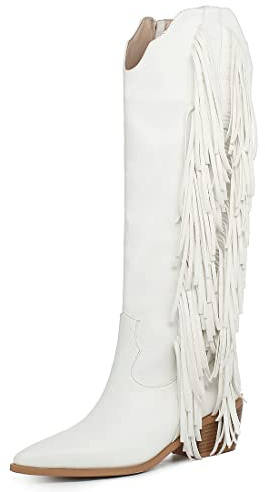 KiutSymo Cowgirl Fringe Boots For Women White Tassels Cowboy Boots Knee High Pointed Toe Western Boots White Size 8