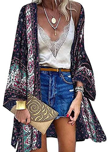 Yutdeng Kimono Copricostume Donna Mare Cardigan Lungo Retro Stampa Floreale Bikini Cover Up Estivo Elegante Manica Lunghe Bohémien Copricostumi da Bagno Estate Beachwear Abito da Spiaggia,Navy,S