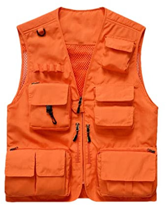 Chaleco de senderismo para hombre, chaleco de pesca, tiro y caza, color naranja, con múltiples bolsillos