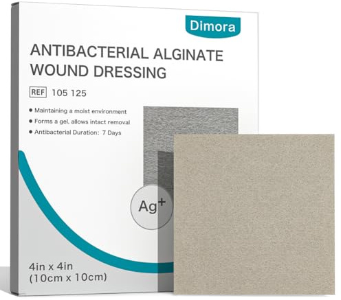 Dimora Upgrade Silver Calcium Alginate Wound Dressing -Antibacterial Non Stick Gauze, Highly Absorbent Sterile Bandage Pads,4'' x 4'' Patches 5 Packs