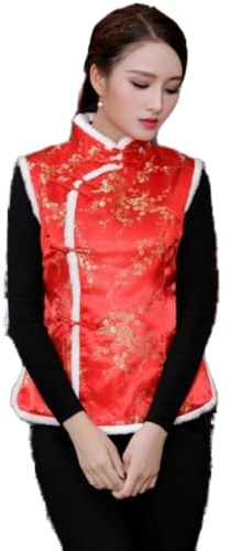 REDBMX Women Chinese Style Qipao Tang Suit Thicken Velvet Vest Traditional Evening Party Wedding Cheongsam Retro Satin Coat, Medium