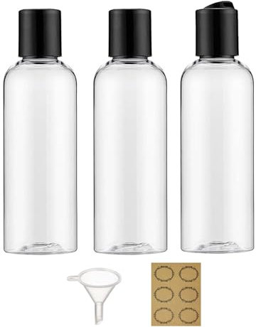 Apstaqeoo 3PCS 200ML Plastic Bottles with Disc Top Flip Cap Empty Squeeze Bottles Clear Refillable Travel Container Dispensing with Funnel & Label for Liquids Lotion Shampoo Toiletries Cosmetic