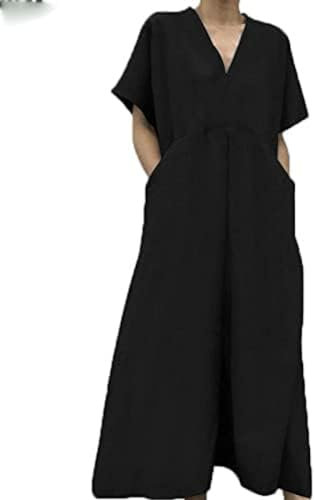 Volu Vêtements Robes Printemps Été Femmes Coton Lin Robes Style Lâche Grande Taille Décontracté Robe À Manches Courtes Jupe Longue Femmes Lin,Noir,S,Hilarious123