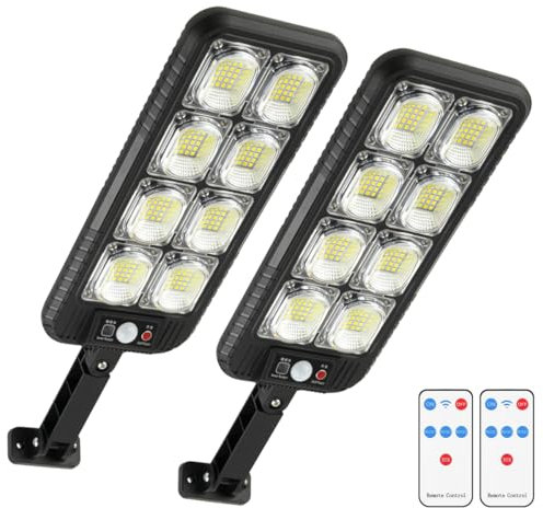 PEAKRO Farola Solar Exterior 2 Pack, 200 LED Luz Solar Exterior 3 Modos Sensor de Movimiento Foco LED Impermeable IP65 Lampara Solar Exterior Potente Farolas Solares Jardín Garaje Patio