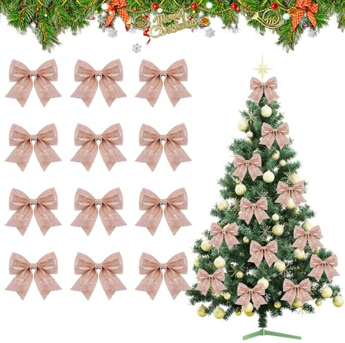 SULOLI 12pcs Noeuds de Ruban de Noël, 14*14cm Arcs Pailletés pour Décoration de Sapin et Emballage Cadeau (Rose Or)