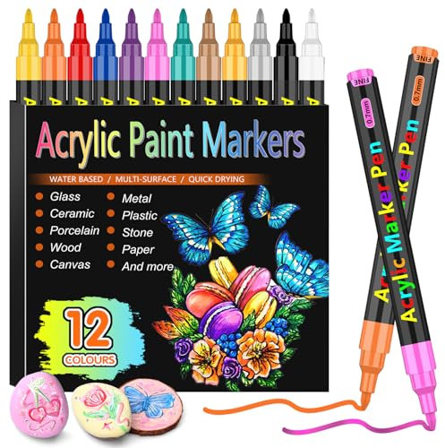 Laconile Acrylic Paint Pens for rock Painting,12 Fine Tip Paint Markers for Wood Glass Stone Wood Ceramic,Acrylic Marker Pens for For Christmas Easter Egg