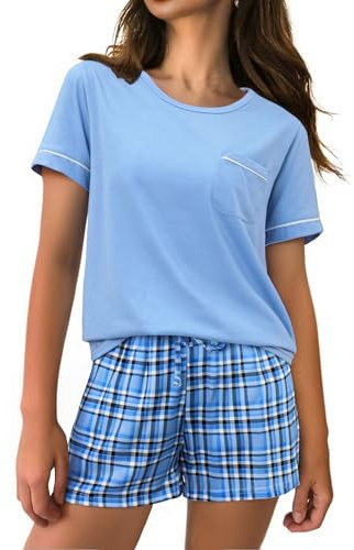 Irdcomps Women's Pyjamas Cotton Short Summer Pajamas for Women Two Piece Set Night Home Short Sleeves Lightweight V Neck and Plaid Shorts with Pockets Casual Home Soft, Blue_4, XL