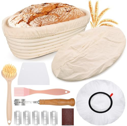 Mispudin Cestino Lievitazione Pane Ovale 28 cm per 700g di Impasto, Set Cestino Pane in Rattan Naturale con Panno di Lino, Coperchi per Lievitazione, Taglierino, Spazzole - Kit Panificazione Avvio