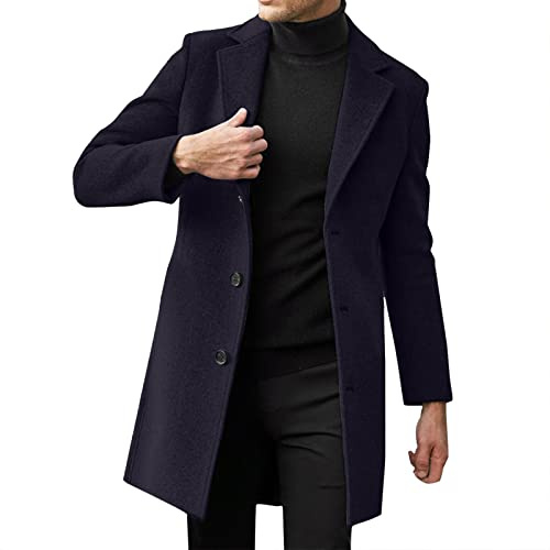 Duohropke Cappotto lungo da uomo, slim fit, casual, in lana, taglie forti, con colletto a tacca con bottoni, trench invernale, caldo, monopetto, Blu marino, 5XL