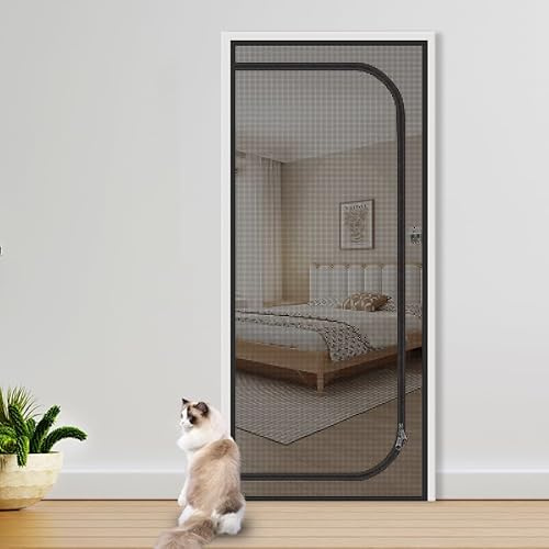 Kattnät för balkong med dragkedja, husdjurs-skärmdörr, förhindrar katter från löpning, kattnät-dörrskärm för vardagsrum, sovrum, kök 80 x 200 cm (svart-80 x 200 cm-H)
