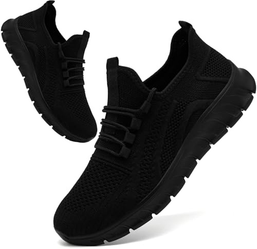CMZSMM Mens Trainers Shoes Running Sneakers Sports Walking Hiking Gym Athletic Fitness Breathable Lightweight Comfortable Outdoor Non Slip Workout Jogging UK Men All Black Size 8(Label Size:42