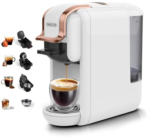 CAFELFFE MK-603 - Macchina da caffè a capsula, 4 in 1, caldo/freddo, per espresso a porzione singola, compatibile con ESE Pods, Nes Original/DG Capsule e caffè macinato, rapida preparazione, bianco